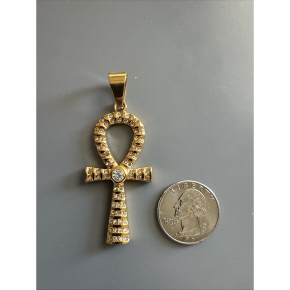Gold Plated Cubic Zirconia Stainless Steel Egyptian Ankh Cross Pendant Necklace - Picture 3 of 6